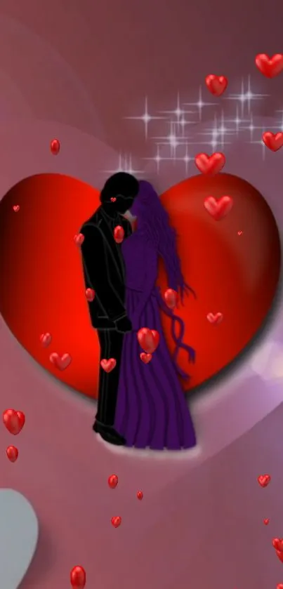 Romantic couple silhouette with red hearts and sparkling stars in background.