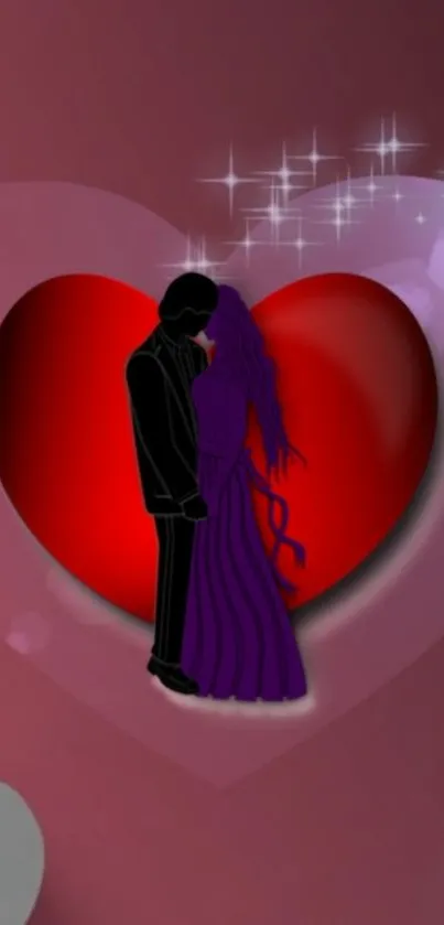 Silhouette couple on vibrant red heart wallpaper.