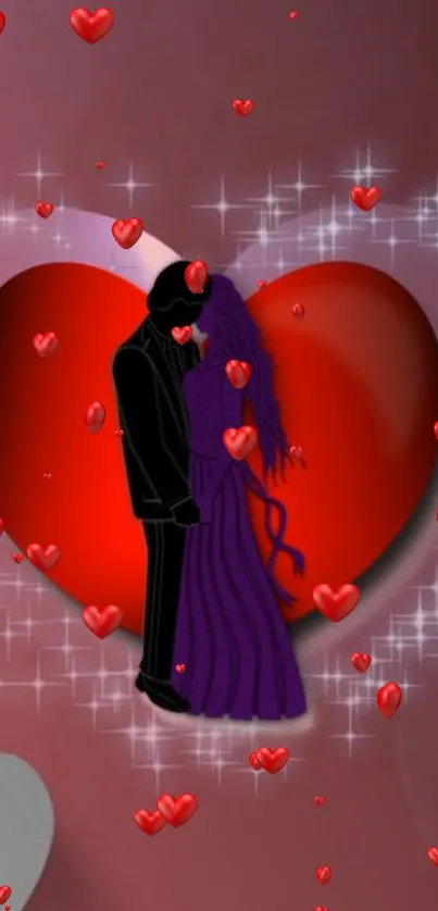 Romantic couple silhouette with red heart background, perfect for expressing love.