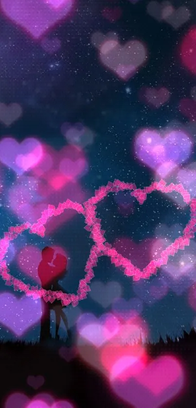 Romantic heart silhouette with pink bokeh on a mobile wallpaper.