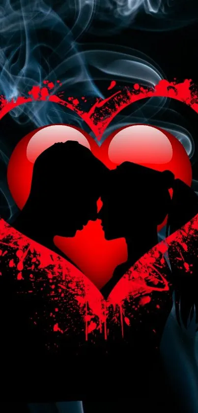 Silhouette couple in red heart with smoke background.