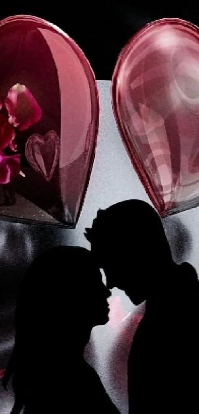Silhouette couple with floating hearts wallpaper.