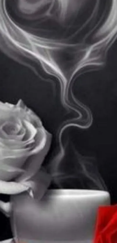 Heart steam rising from coffee with red and white roses.