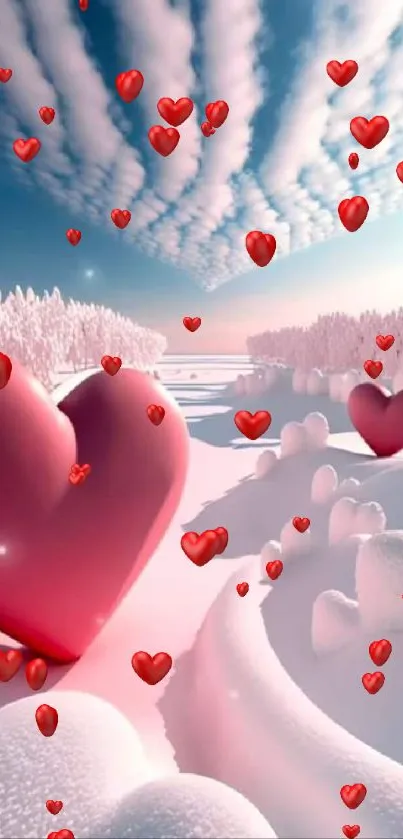 Romantic heart-shaped snow landscape with dreamy sky.