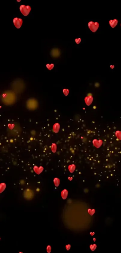 Mobile wallpaper with red hearts and golden sparkles on a black background.