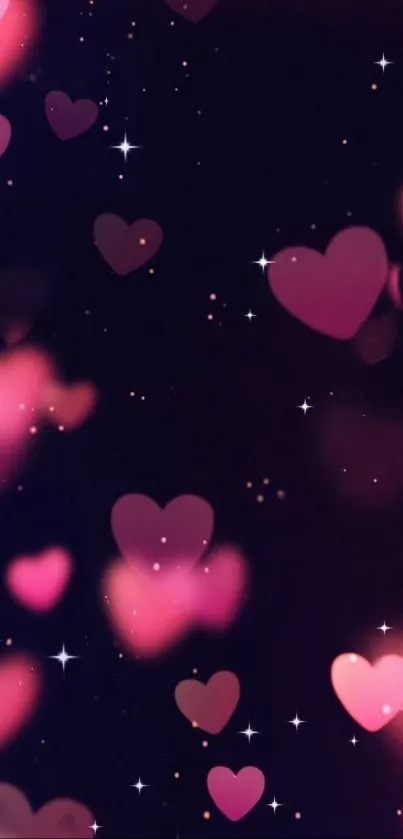 Shimmering pink hearts on a dark purple backdrop with tiny stars.