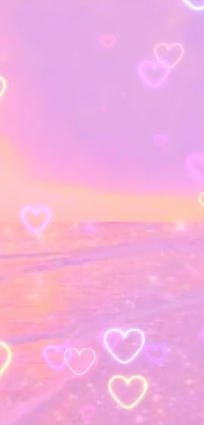 Romantic pastel sunrise with heart motifs on a beach scenery.