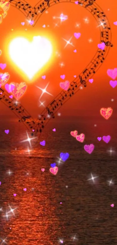 Romantic sunset wallpaper with shimmering hearts over the ocean.