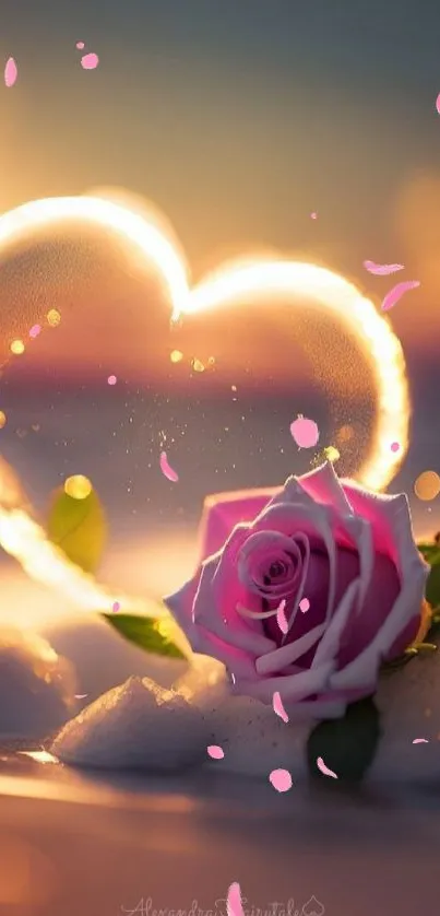 Heart-shaped light and pink rose with a golden sunset.