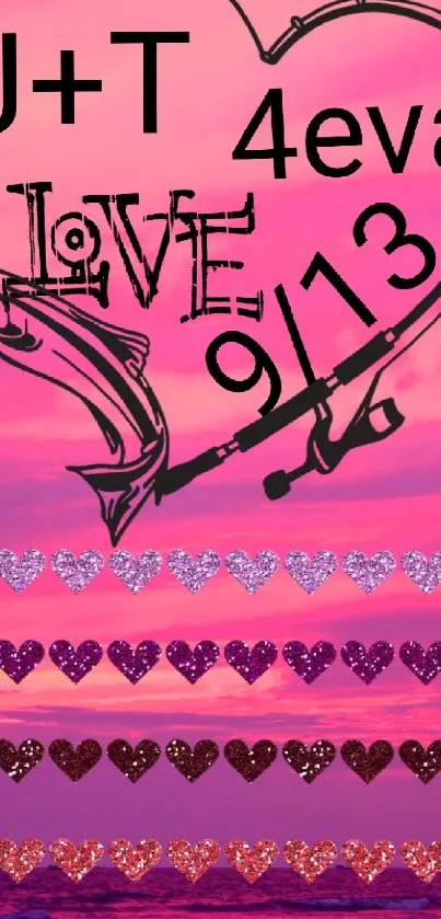 Romantic heart with love text on a pink sunset beach background.