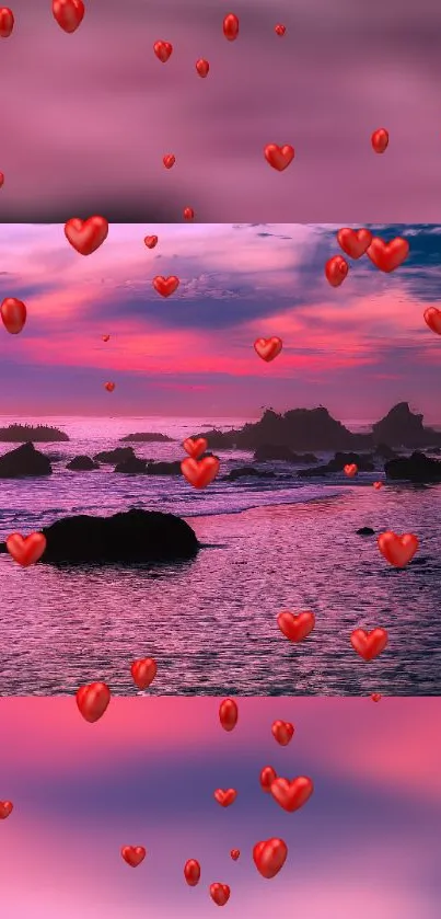 Romantic sunset with hearts over sea in pink hues.