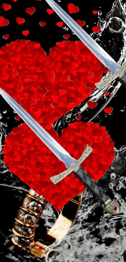 Red heart wallpaper with swords and dynamic splash.