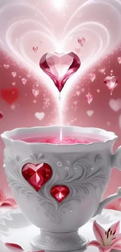 Romantic pink heart teacup with floral elements.