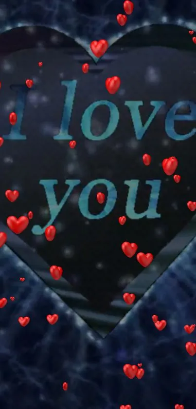 Romantic wallpaper with 'I love you' and red hearts on a blue background.