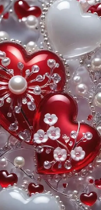 Romantic heart-themed wallpaper with red and white accents and pearl details.