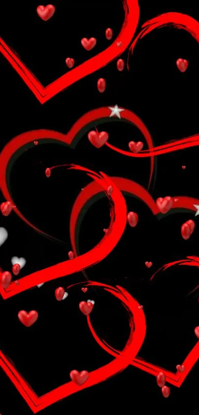 Vibrant red hearts on dark background mobile wallpaper.