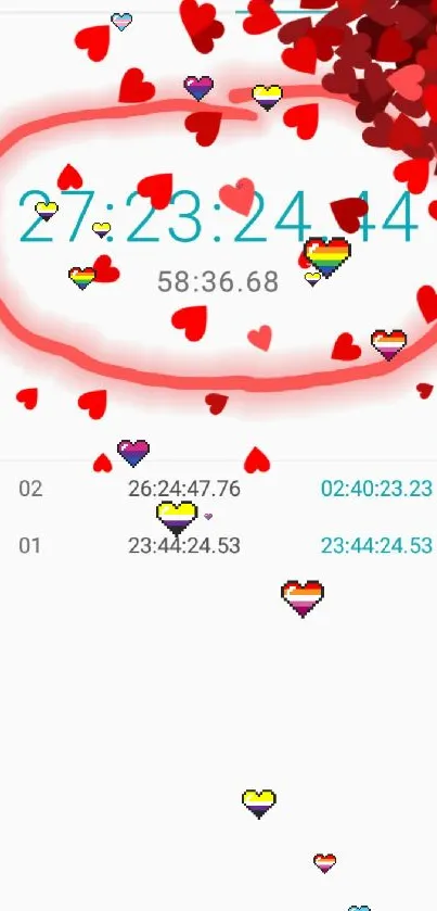 Digital timer with red hearts background.