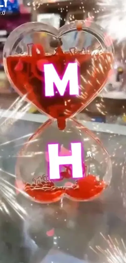 Heart-shaped timer with glowing lights and sparkles on a mobile wallpaper.