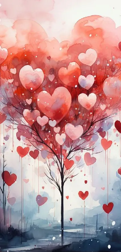 Heart-shaped tree with watercolor hearts in red and pink, evoking romance.