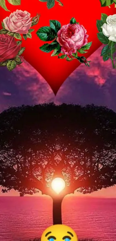 Heart and roses with tree sunset and emoticon wallpaper.