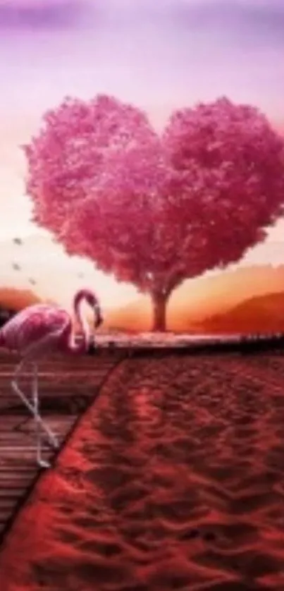 Heart-shaped pink tree with flamingo by sunset.