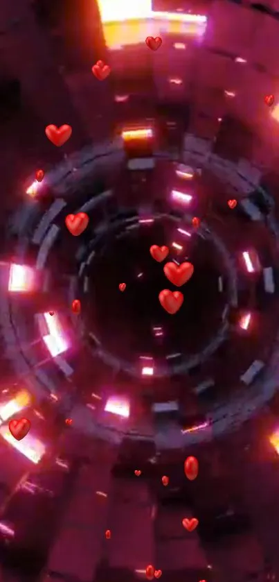 Romantic heart tunnel wallpaper with glowing lights.