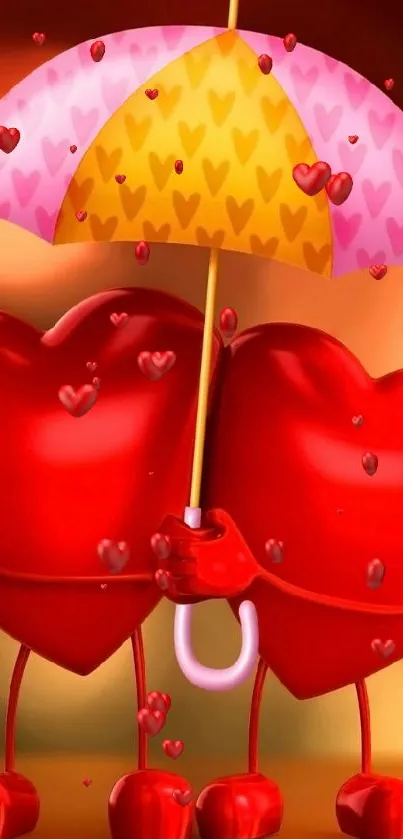 Two red hearts under a colorful umbrella wallpaper.