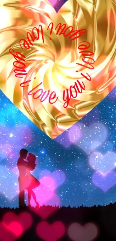 Romantic wallpaper with golden heart and starry night scene.