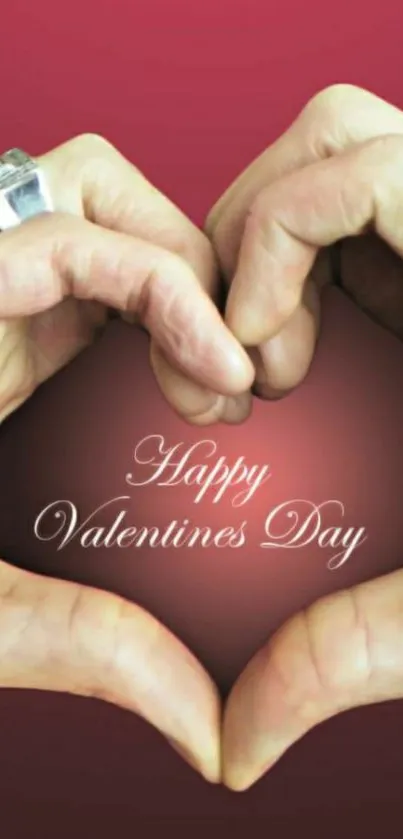 Hands forming a heart with 'Happy Valentine's Day' text on red background.