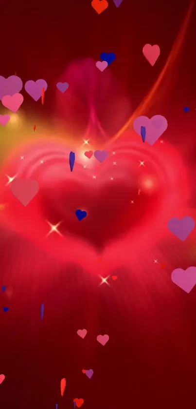 Vibrant red heart-themed wallpaper with scattered colorful hearts.