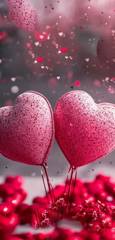 Romantic pink heart wallpaper with red petals and bokeh effect.