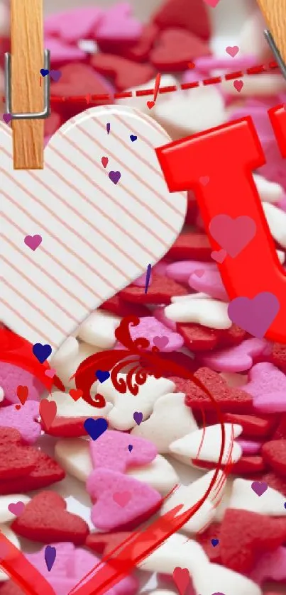 Red and white heart-themed wallpaper with 'I love you' message.