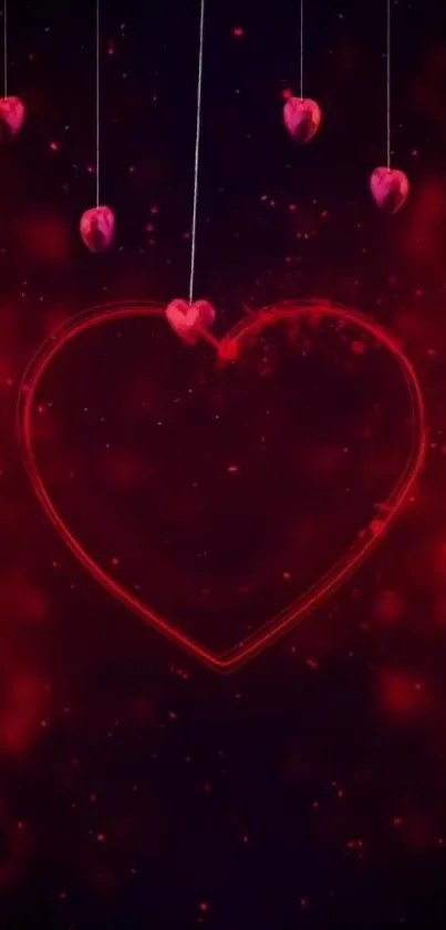 Heart-themed mobile wallpaper with hanging red hearts.