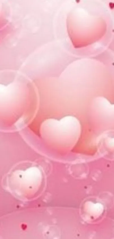 Pink heart wallpaper with bubbles and romantic design.