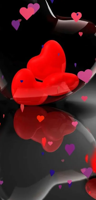 Romantic wallpaper with vibrant red hearts inside a glossy black shell.