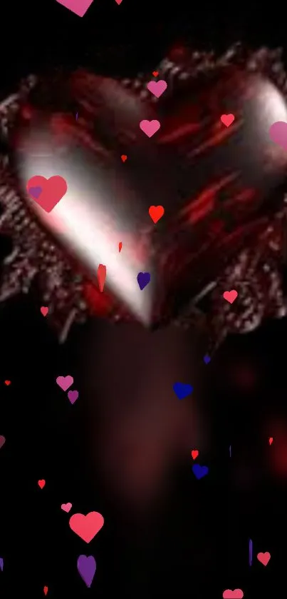 Romantic heart glowing with colorful confetti on dark background.