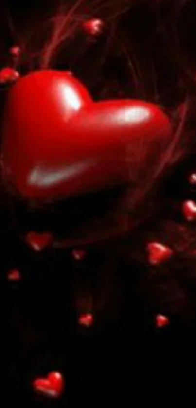 Romantic red heart wallpaper with floating smaller hearts on dark background.