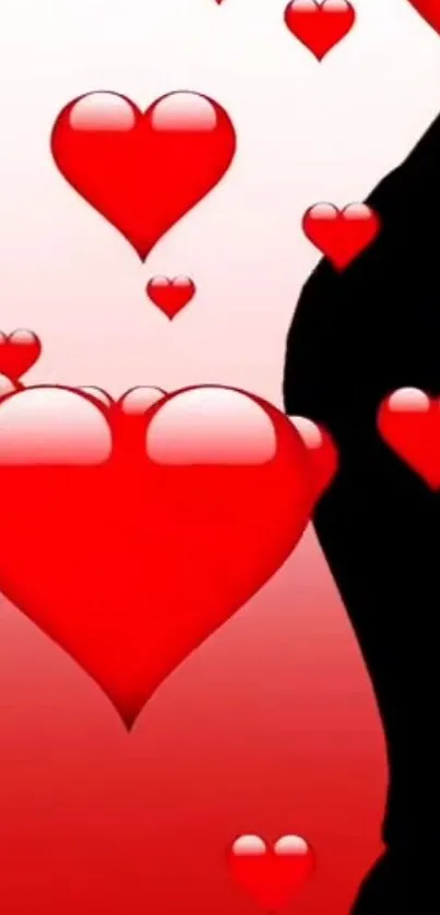 Romantic wallpaper with red hearts on gradient background.