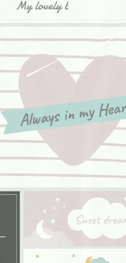 Romantic heart wallpaper with pastel colors featuring 'Always in my Heart' text.