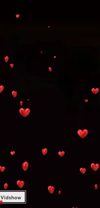 Mobile wallpaper with floating red hearts on a black background.