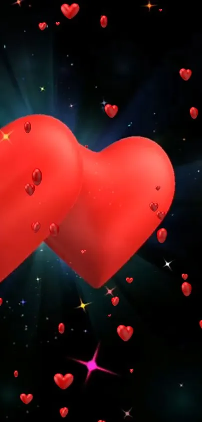 Romantic red hearts with stars on black background.