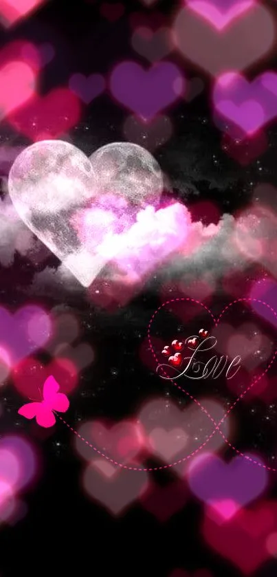 Pink heart wallpaper with clouds and a butterfly.