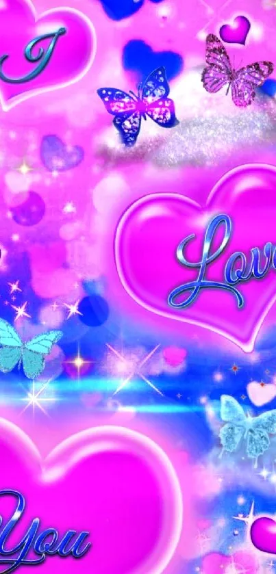 Colorful wallpaper with hearts and butterflies, pink and blue tones.