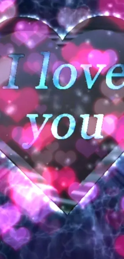 Romantic heart wallpaper with glowing colors and 'I love you' text.