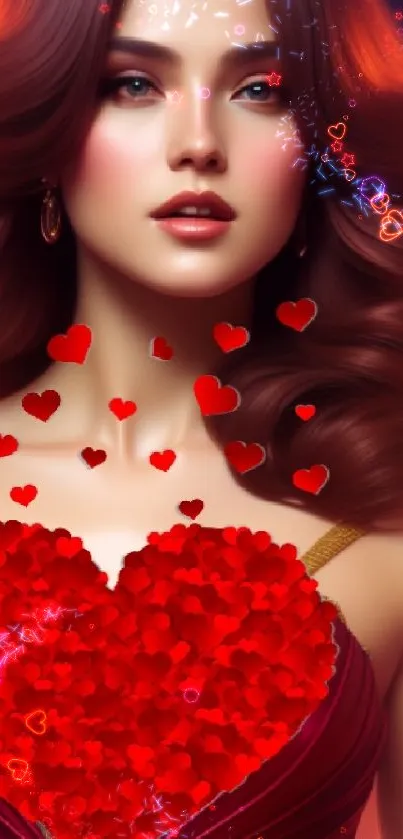 Romantic woman with red heart design in vibrant fashion style.