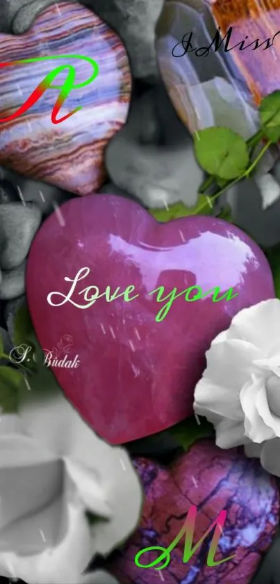 Romantic heart wallpaper with colorful design and elegant text.