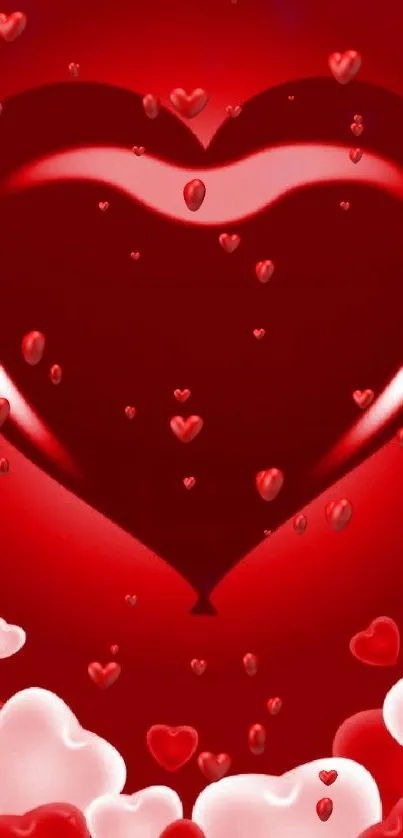 Red heart wallpaper with romantic floating hearts.