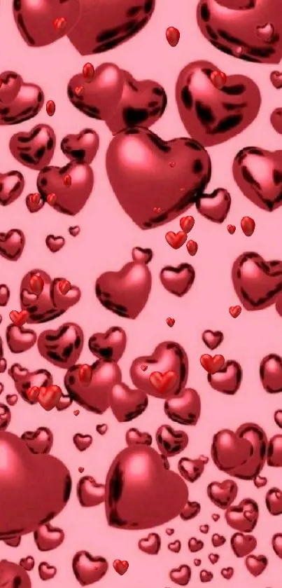 Romantic wallpaper with 3D red hearts on a pink background.