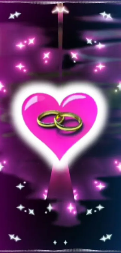 Pink heart with gold rings on starry background.