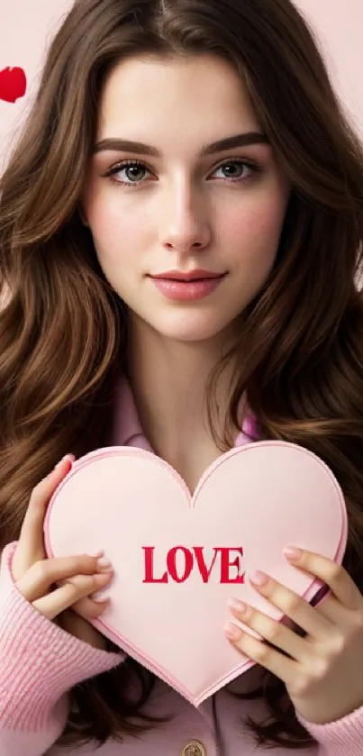 Woman holding a heart with love theme on pink background.